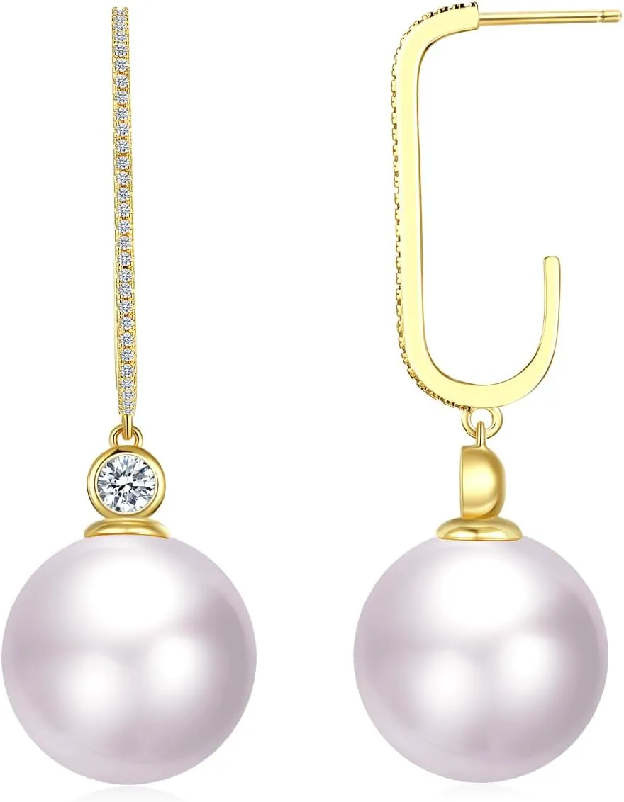 14K Gold Plated Real 925 Sterling Silver Aurora Planet Dazzling Luster Big Shell Pearl Gold Long Earrings for Women Trendy Dangle Dainty Hypoallergenic