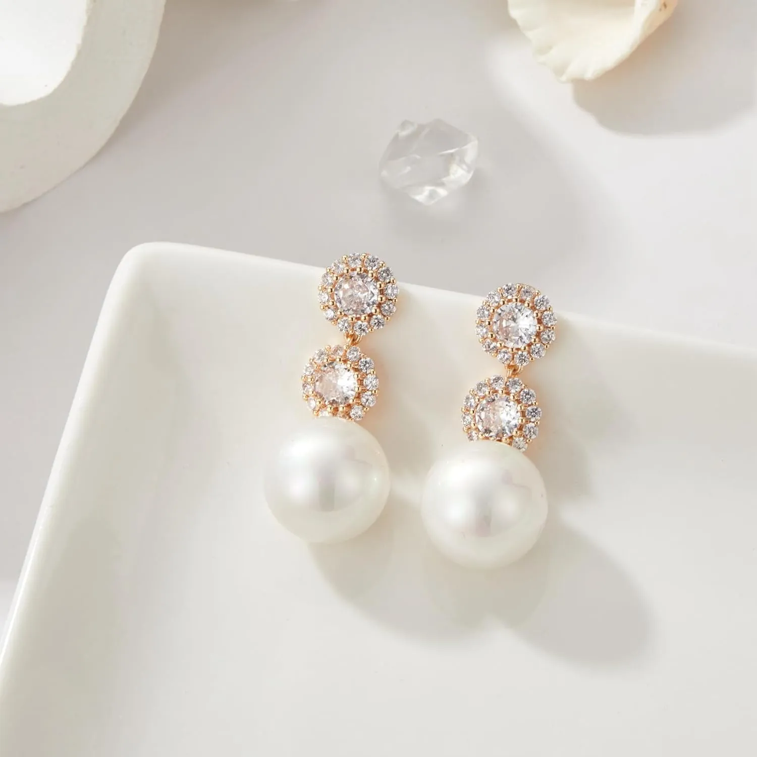 14K/18K Gold Plated Dangle Drop Earrings, Shell Pearl Earrings for Women, Dangle Huggie Earrings