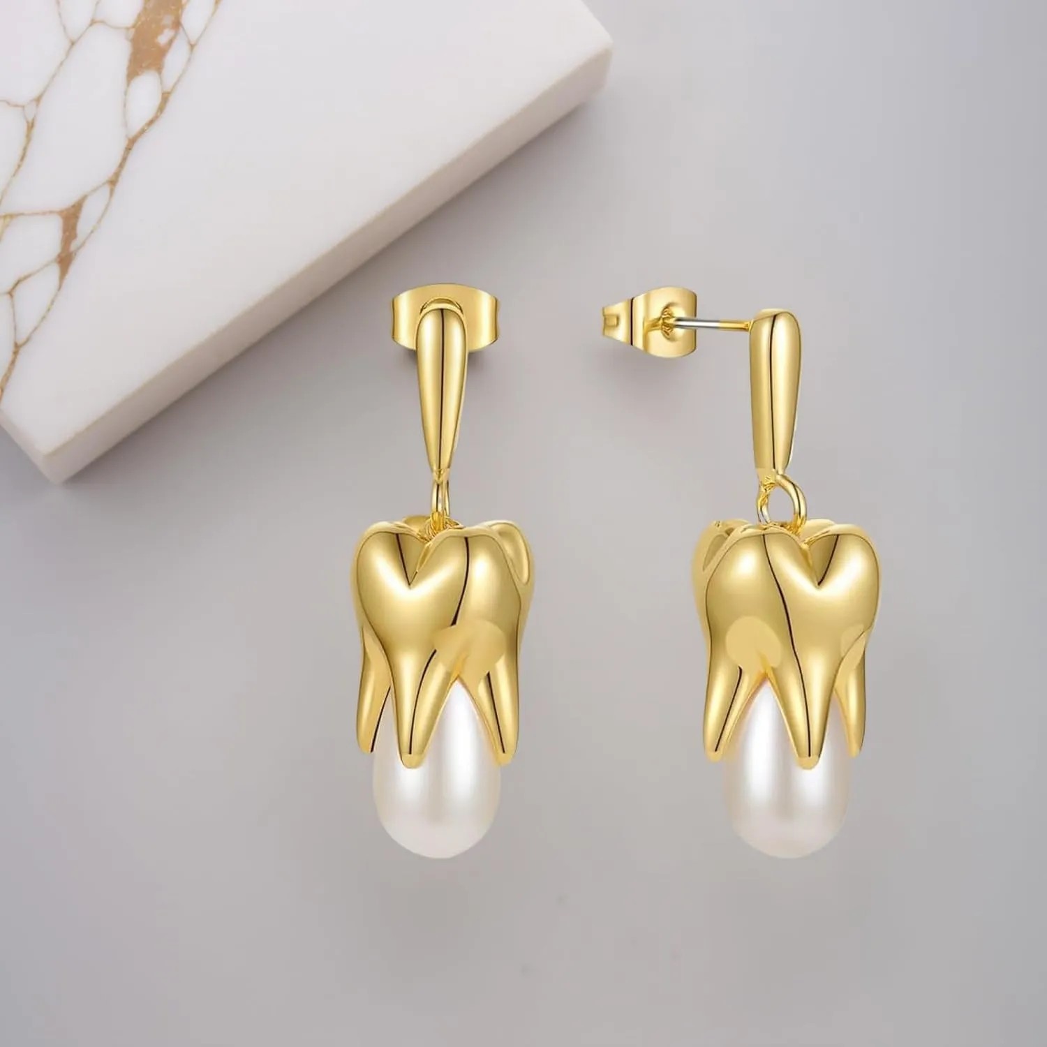 18K Gold Plated Brass Geometric Dangle Earrings with Faux Pearl Accents - Vintage Lightweight Pearl Jewelry for Everyday & Special Occasions - Unique Dainty Women's Earrings