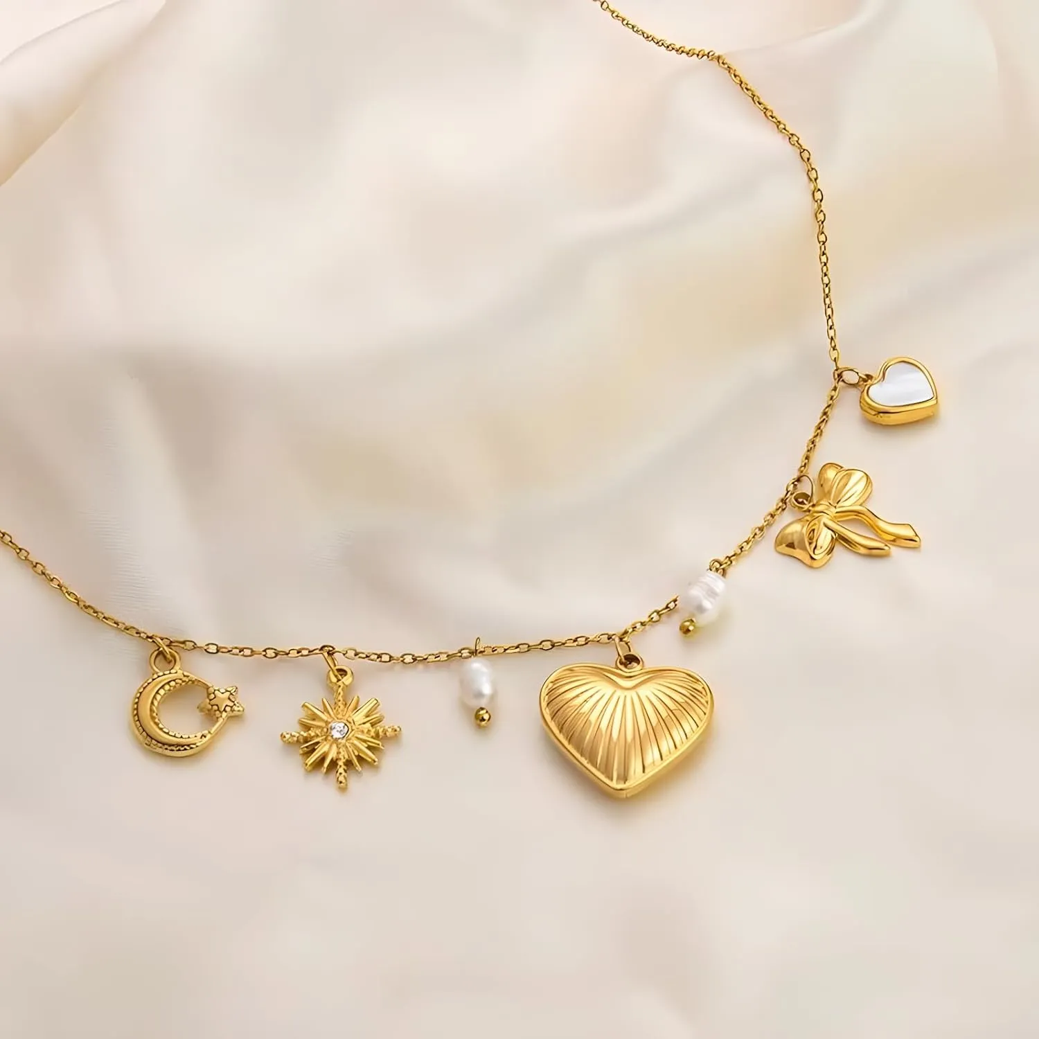 18K Paperclip Gold Chain Necklace Handmade DIY Sun Moon Star Pendant Charm Necklace Western Ocean Seaside Beach Gold Charm Necklace For Women