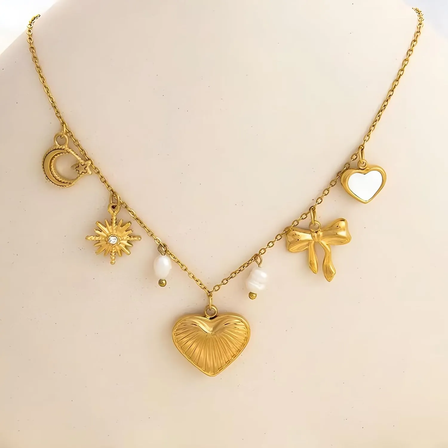 18K Paperclip Gold Chain Necklace Handmade DIY Sun Moon Star Pendant Charm Necklace Western Ocean Seaside Beach Gold Charm Necklace For Women