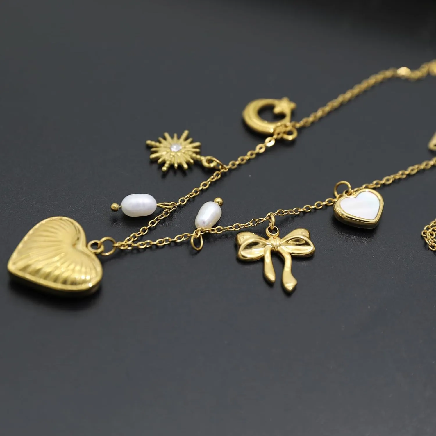 18K Paperclip Gold Chain Necklace Handmade DIY Sun Moon Star Pendant Charm Necklace Western Ocean Seaside Beach Gold Charm Necklace For Women
