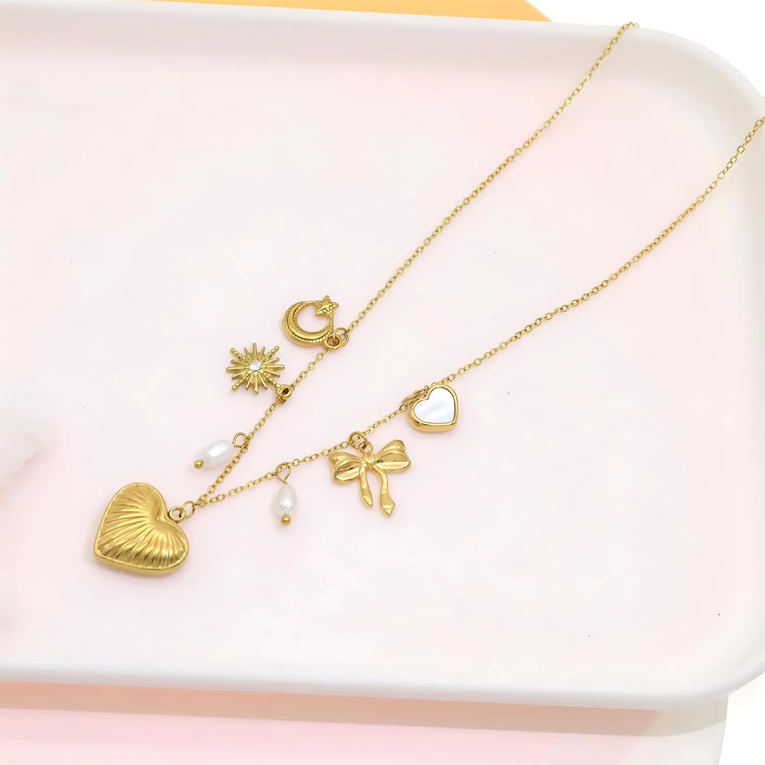 18K Paperclip Gold Chain Necklace Handmade DIY Sun Moon Star Pendant Charm Necklace Western Ocean Seaside Beach Gold Charm Necklace For Women