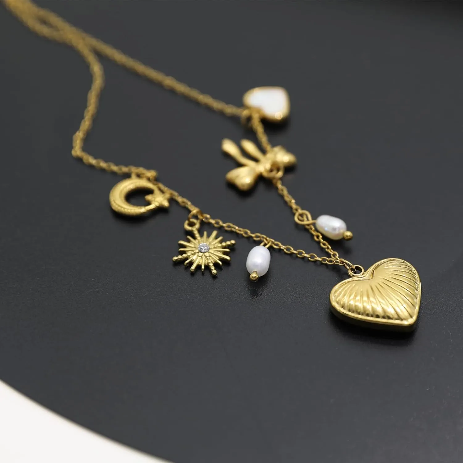18K Paperclip Gold Chain Necklace Handmade DIY Sun Moon Star Pendant Charm Necklace Western Ocean Seaside Beach Gold Charm Necklace For Women
