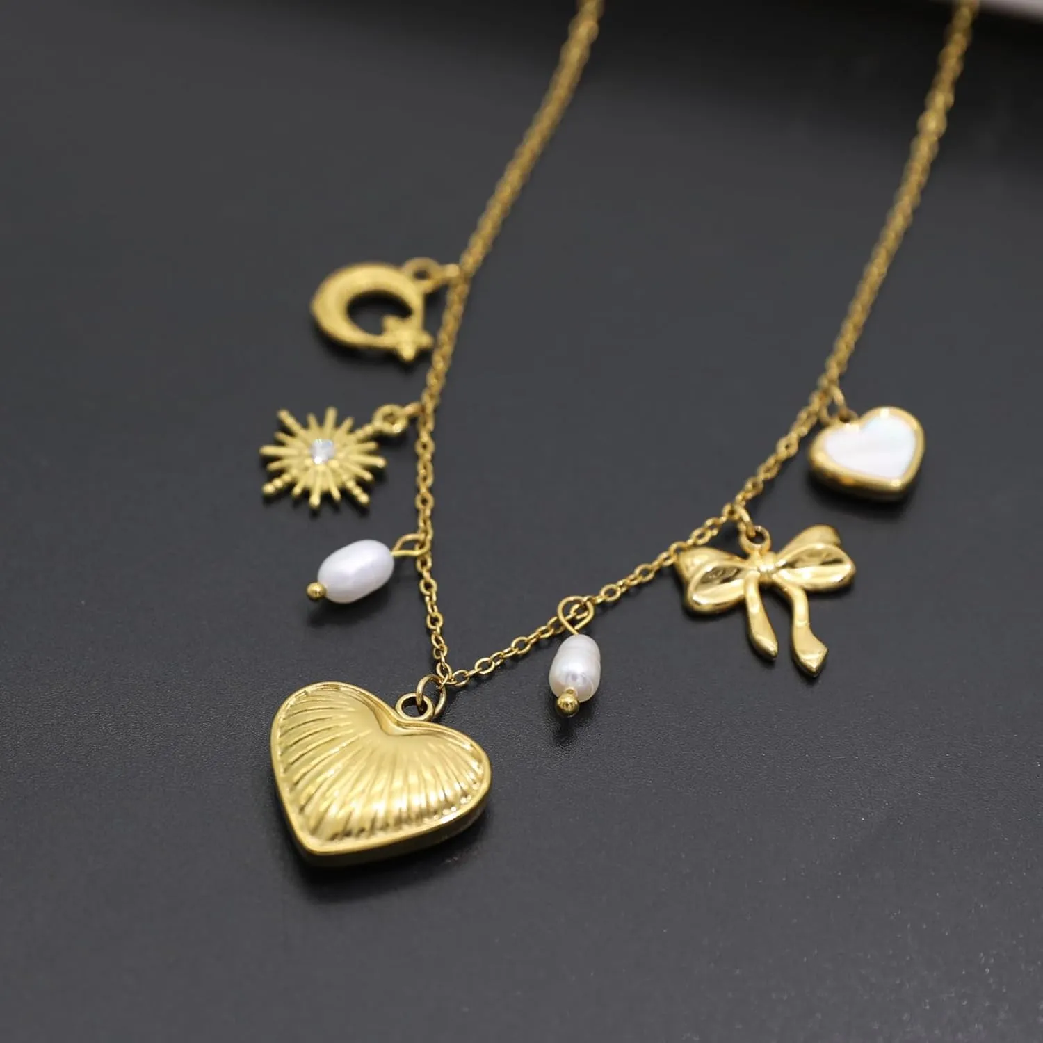18K Paperclip Gold Chain Necklace Handmade DIY Sun Moon Star Pendant Charm Necklace Western Ocean Seaside Beach Gold Charm Necklace For Women
