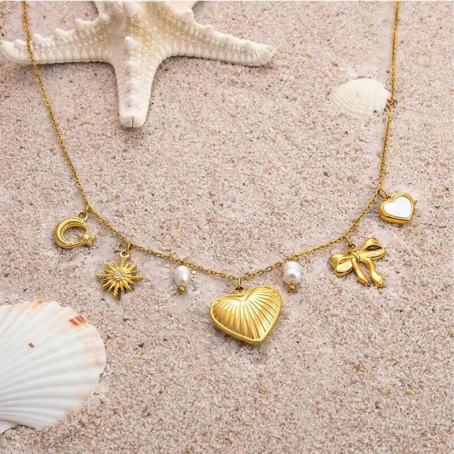18K Paperclip Gold Chain Necklace Handmade DIY Sun Moon Star Pendant Charm Necklace Western Ocean Seaside Beach Gold Charm Necklace For Women
