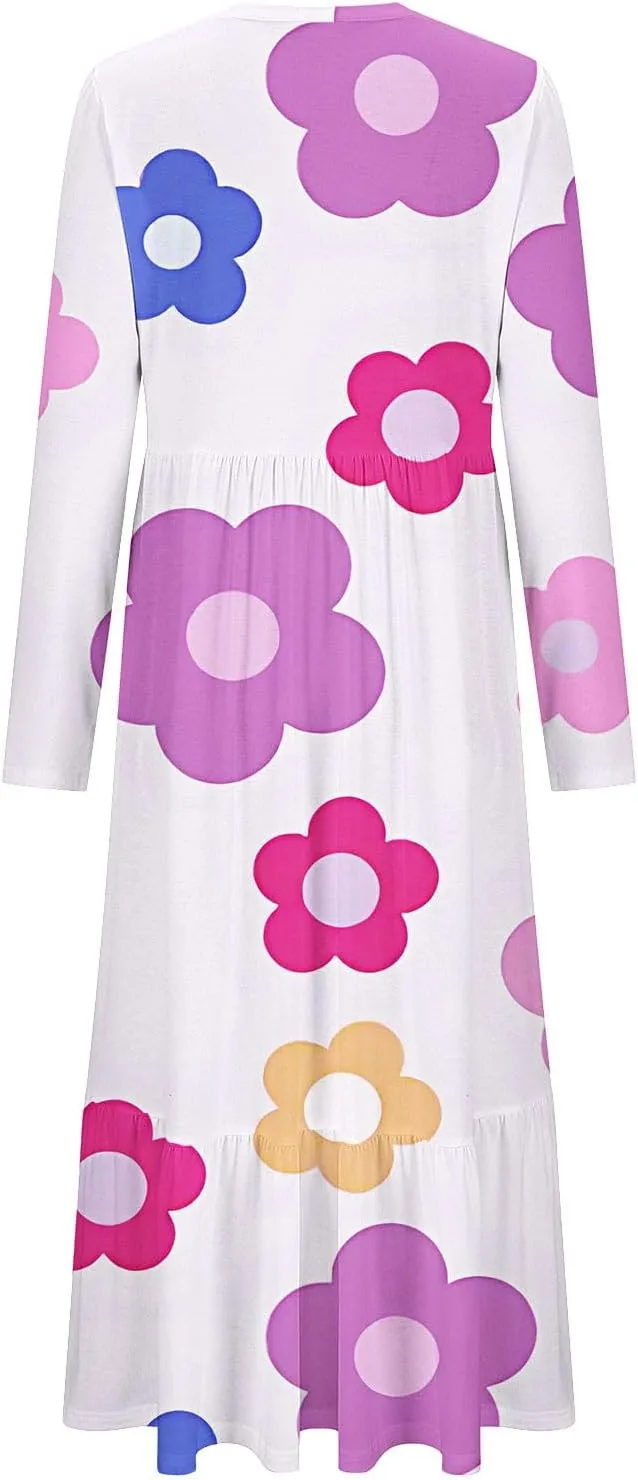 2024 Long Sleeve Casual Dress Tunics for Women Crew Neck Pullover Patchwork Plus Size Maxi Dresses with Pockets