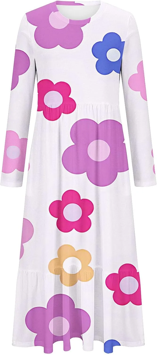2024 Long Sleeve Casual Dress Tunics for Women Crew Neck Pullover Patchwork Plus Size Maxi Dresses with Pockets