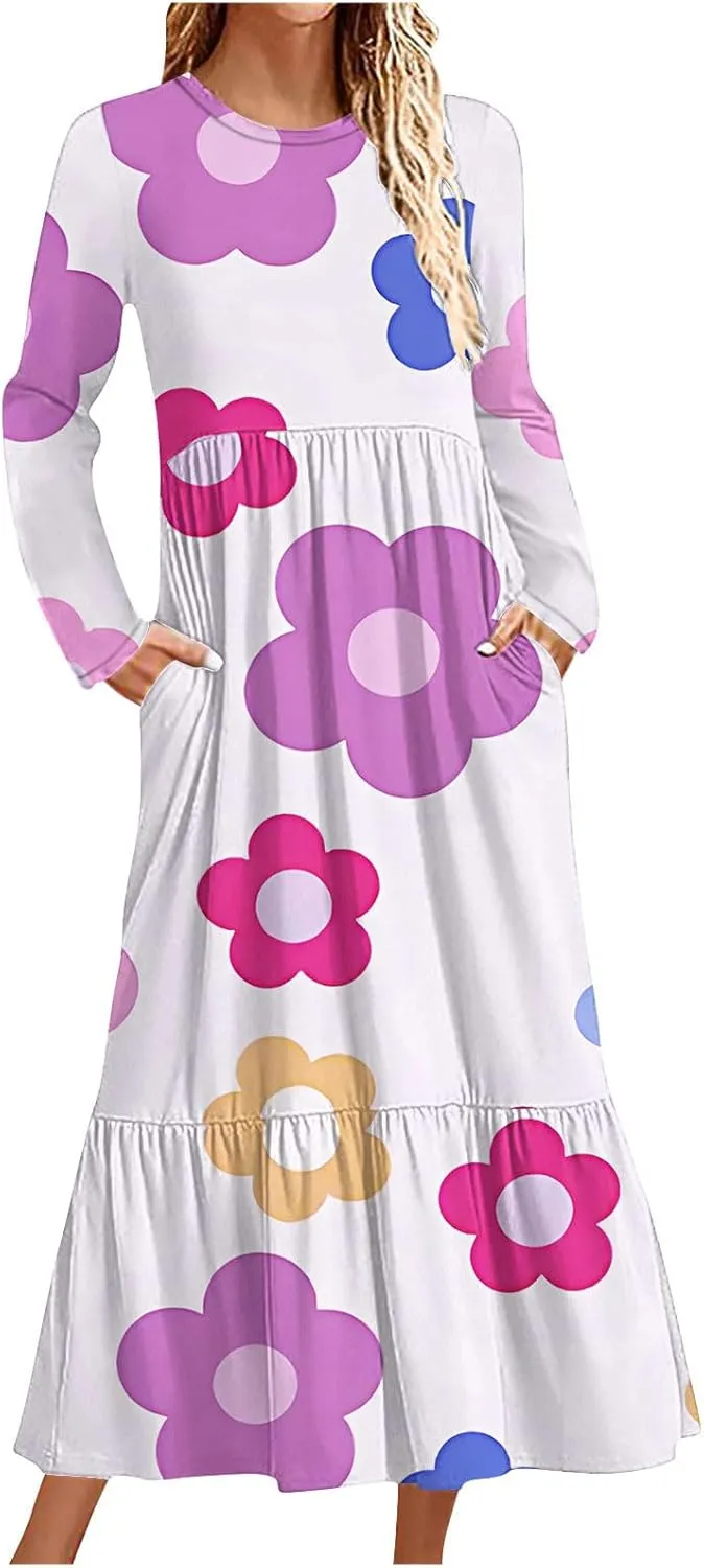 2024 Long Sleeve Casual Dress Tunics for Women Crew Neck Pullover Patchwork Plus Size Maxi Dresses with Pockets