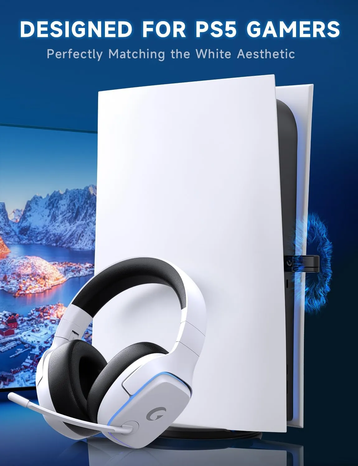 2.4GHz Wireless Gaming Headsets for PS5, PS4, PC, Switch - Bluetooth 5.3 Gaming Headphones with Noise Canceling Mic, 7.1 Surround Sound, 70H Battery, Gaming Lighting - White