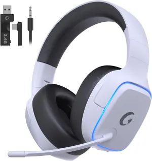 2.4GHz Wireless Gaming Headsets for PS5, PS4, PC, Switch - Bluetooth 5.3 Gaming Headphones with Noise Canceling Mic, 7.1 Surround Sound, 70H Battery, Gaming Lighting - White