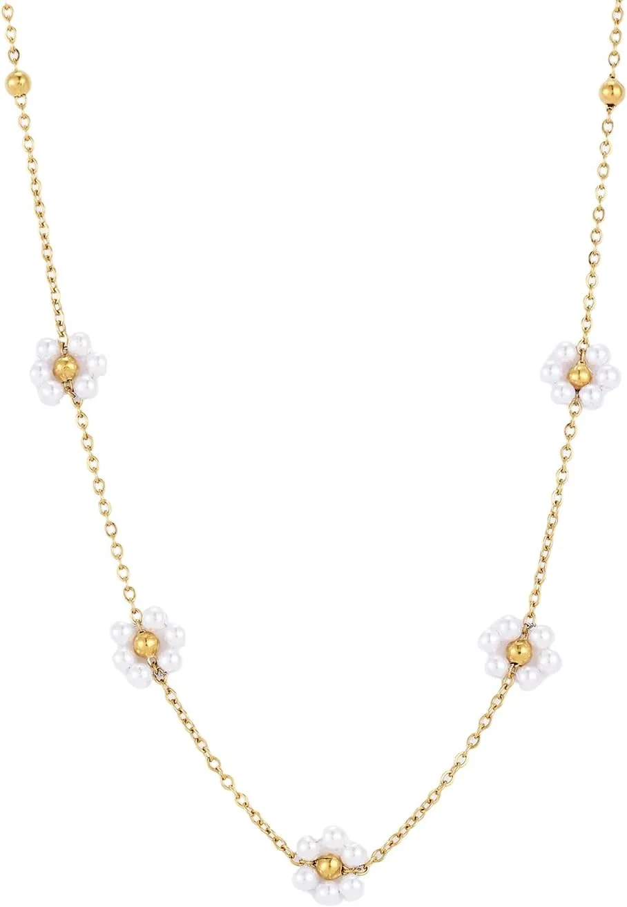 2PCS Dainty Flower Choker Necklace for Women Trendy Non Tarnish 14K Gold Plated Small Cubic Zirconia Necklace Cute Pearl Daisy Choker Jewelry Gifts