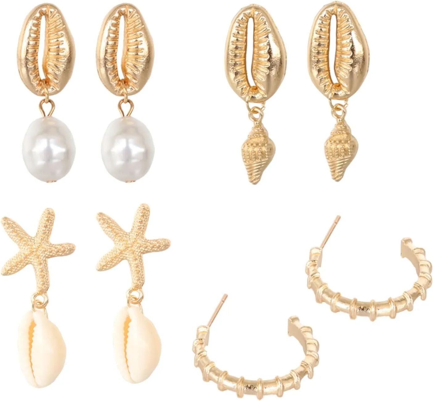 4 Pcs Natural White Shell Pearl Earrings Set for Women,Handmade Adjustable Conch Earrings Set Beach Jewelry Gift