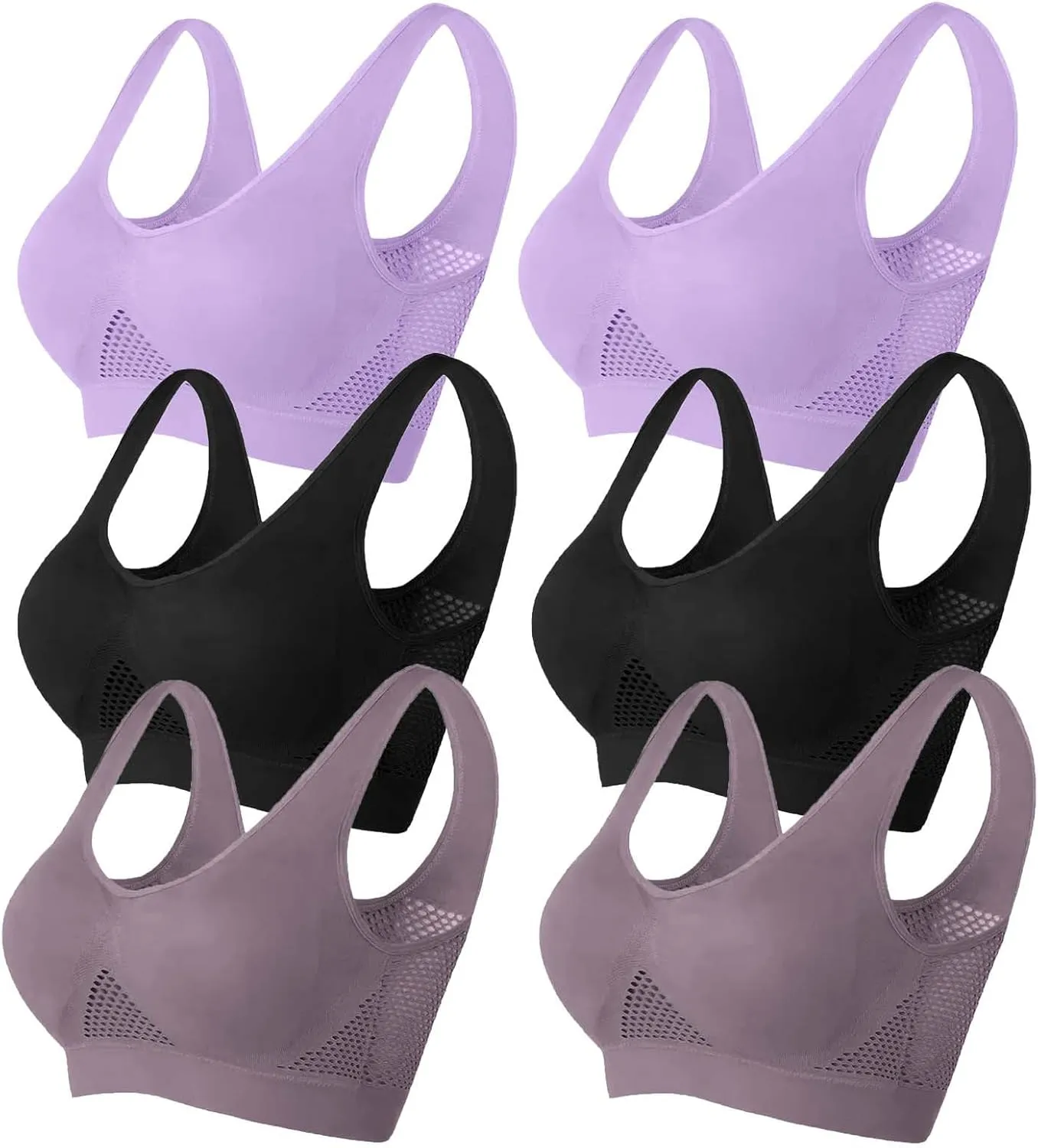 6 Pack Comfort Sports Bras for Women Ladies Wirefree Yoga Bra with Removable Pads Push Up Bralette Yoga Leisure