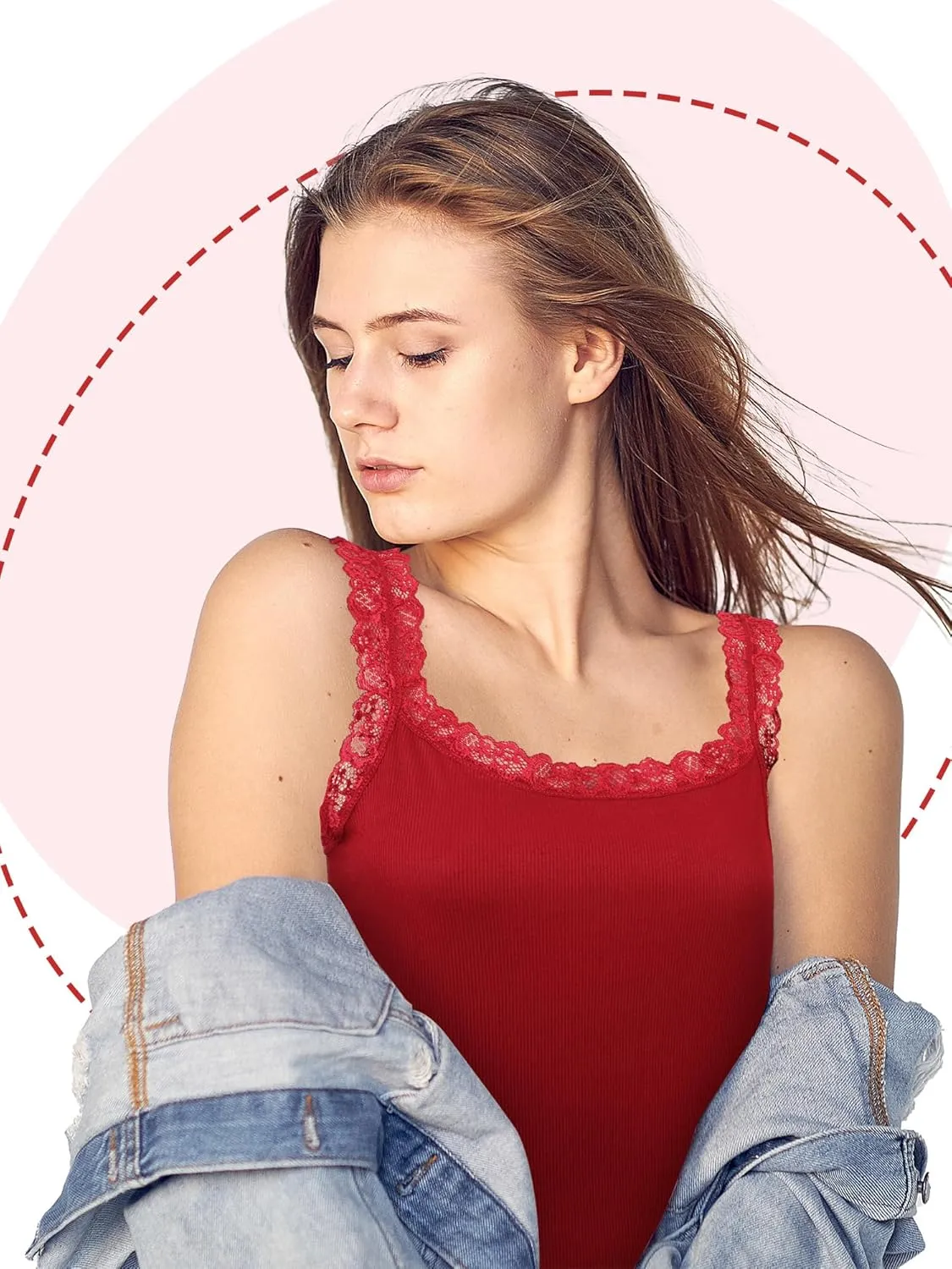 6 Pieces Lace Camisole Tank Tops for Women - Ribbed Undershirt With Lace Trim and Straps
