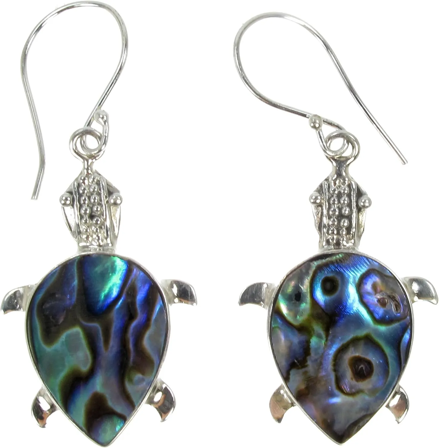 925 Sterling Silver Paua Shell (Abalone) Inlay Sea Turtle Drop & Dangle Hook Earrings by Marisa D'Amico