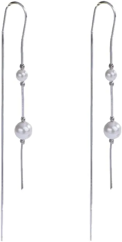 925 Sterling Silver Simulated Shell Pearl Threader Earrings Hypoallergenic Double Pearl Dangle Drop Jewelry with Long Tassel Chain for Sensitive Skin & Timeless Elegance