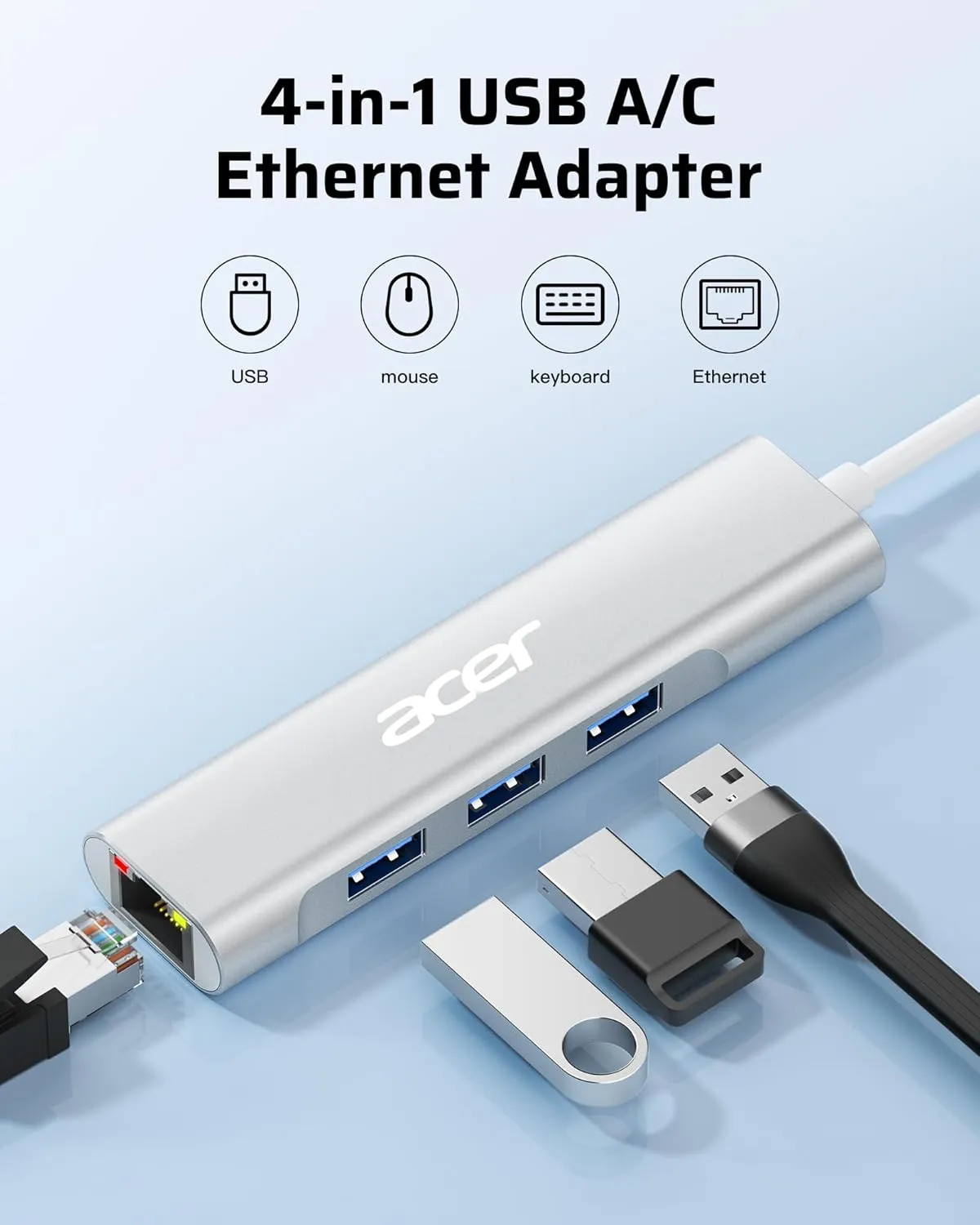 Acer USB C to Ethernet Adapter, 4-in-1 USB-A/C Hub with 3 USB-A 3.1 & 1Gbps RJ45 Networks, USB-C to LAN Adapter for MacBook Pro Air, Surface, Chromebook, Acer, Laptop, and More