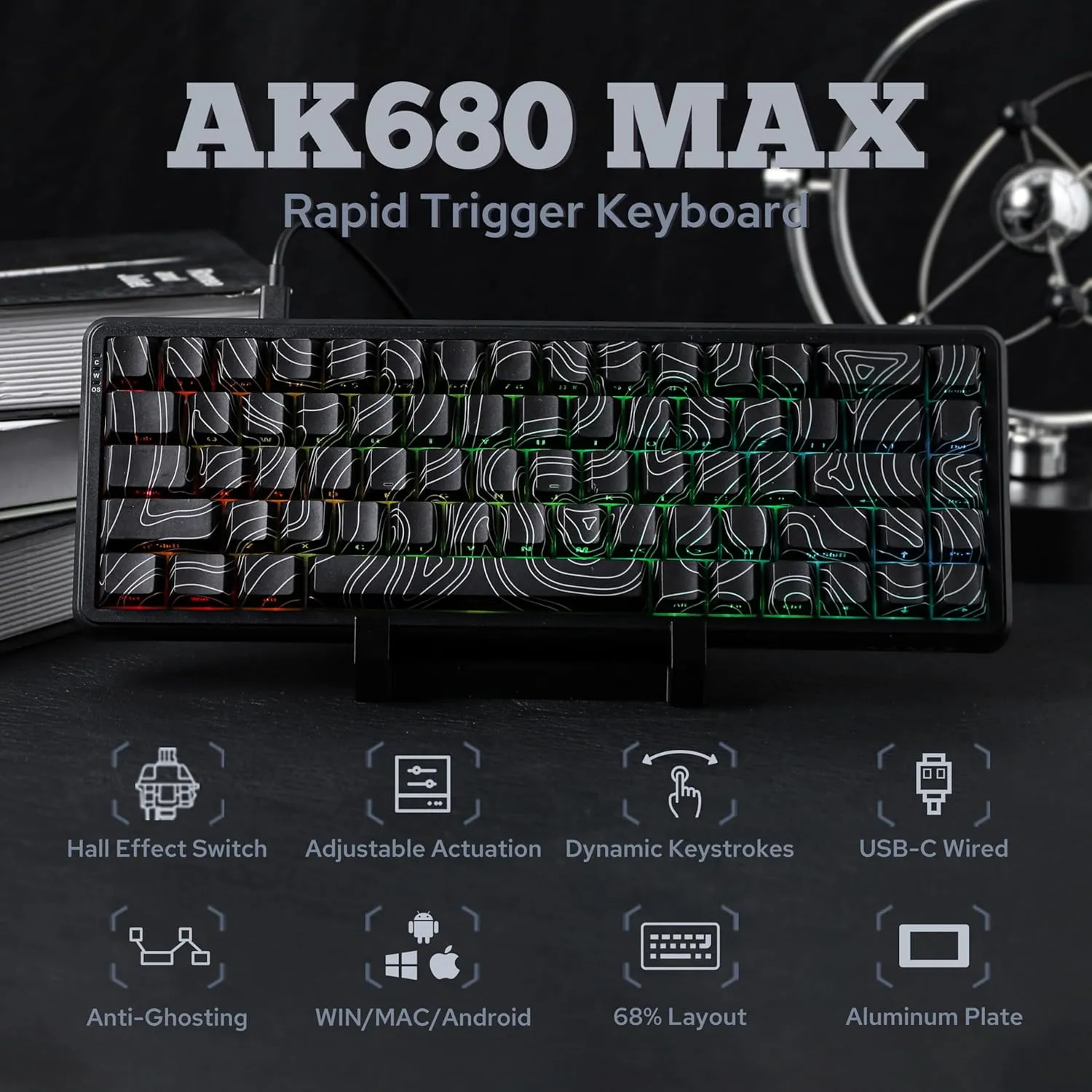 AK680 MAX Wired Gaming Keyboard with Hall Effect Switch, Rapid Trigger Magnetic Keyboard with 8K Polling Rate, Top Structure, RGB Backlight (Black Contour Line)