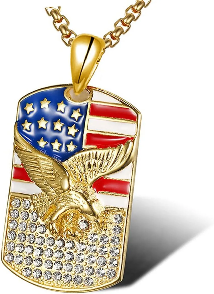 American Flag Necklace for Men,USA Flag Eagle Pendants,Stainless Steel Dog Tag Pendant Necklace,US Flag Jewelry for Women