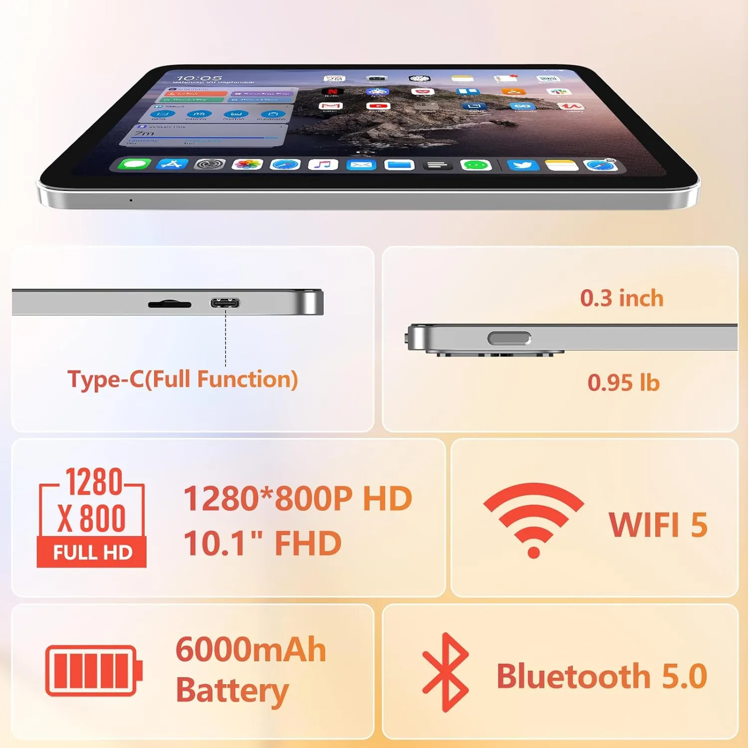 Android Tablet,10 inch Tablets 2025,8GB (4 4) RAM 128GB Storage (Expandable),Octa-Core Processor,HD Display,Dual Cameras,6000mAh Battery,GPS, Wi-Fi 5,Bluetooth 5.0,Incell Screen,Metal Shell