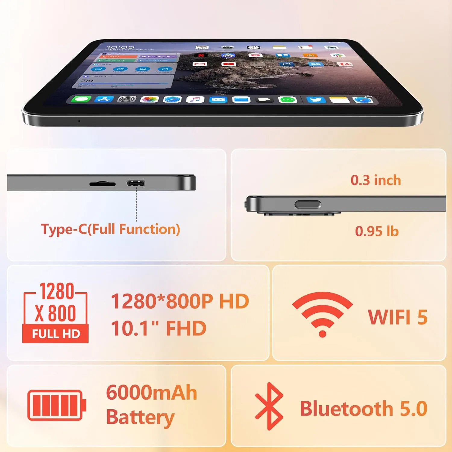 Android Tablet,10 inch Tablets 2025,8GB (4 4) RAM 128GB Storage (Expandable),Octa-Core Processor,HD Display,Dual Cameras,6000mAh Battery,GPS, Wi-Fi 5,Bluetooth 5.0,Incell Screen,Metal Shell
