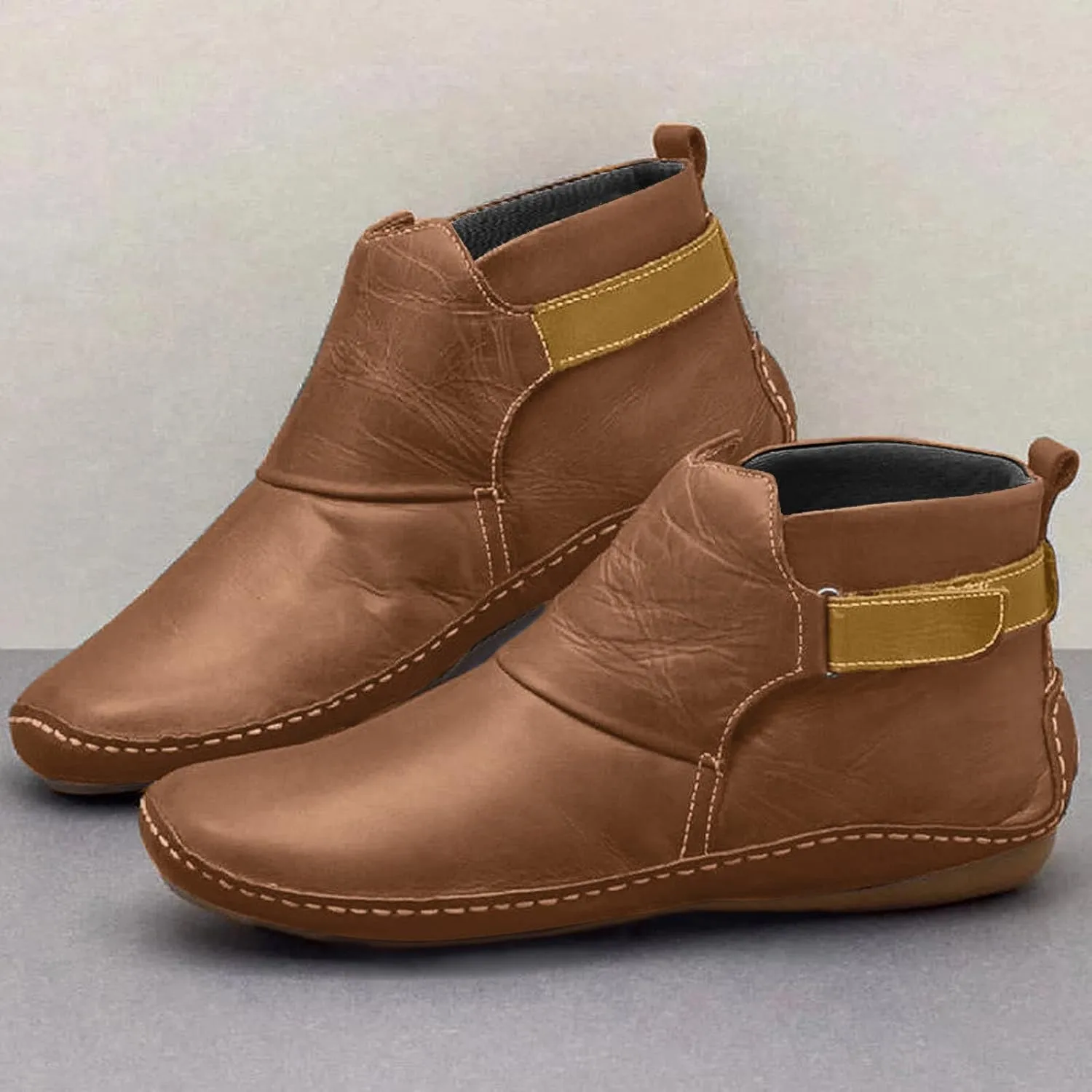 Ankle Boots for Women Side Zipper Flat Heel Booties Vintage Leather Damping Boots No Heel Arch Support Booties
