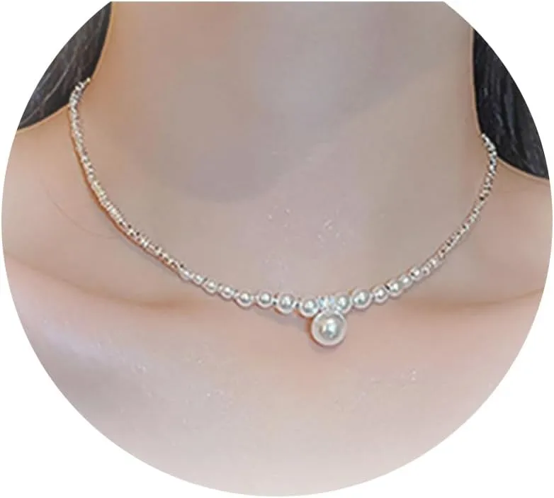 Aonklot Pearl Choker Necklace Dainty White Pearl Necklace Adjustable Silver Chain Necklace Round Pearl Pendants Trendy Jewelry