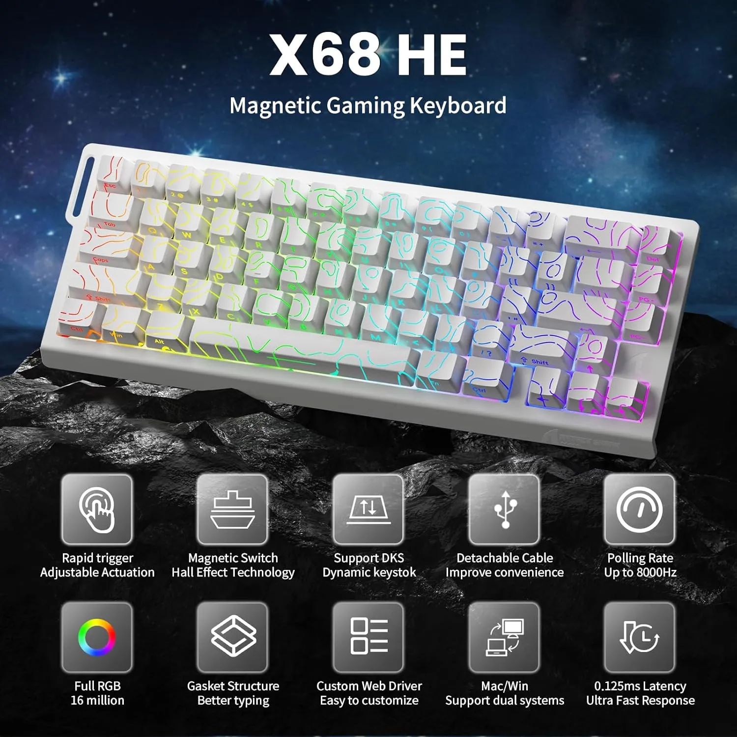 ATTACK SHARK X68 HE 8KHZ Rapid Trigger Keyboard Magnetic Switch,0.01 mm RT Accuracy,Wired RGB 60% Gaming Keyboard TKL with Adjustable Actuation,Snap Tap,Coiled Cable,for PC/Mac(White Contour)