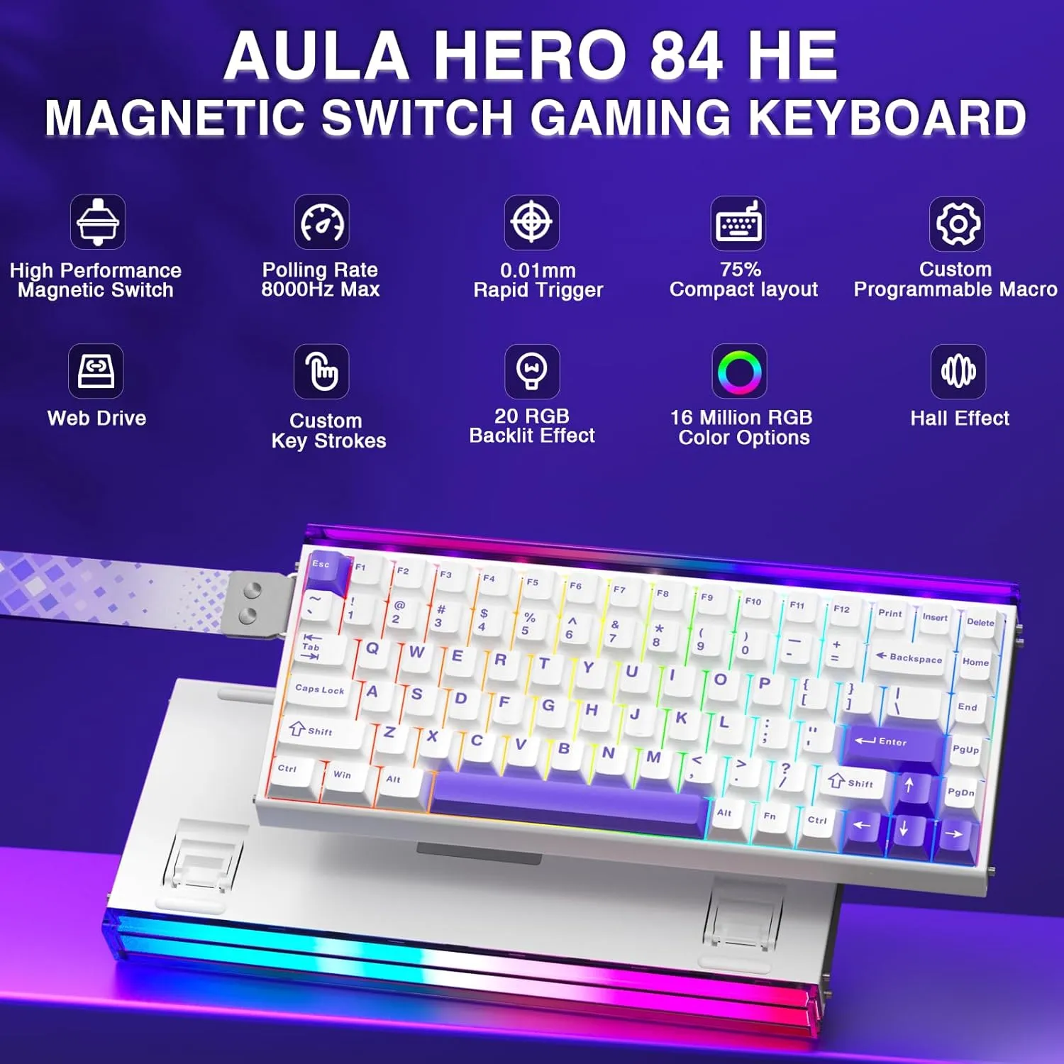 Aula Hero 84 HE - 75% Mechanical Gaming Keyboard Wired, Magnetic Switches Hot Swappable Hall Effect Keyboard, Rapid Trigger Mode 8000Hz Polling Rate, RGB Neon Light Box, Gamers Keyboards for PC/Mac