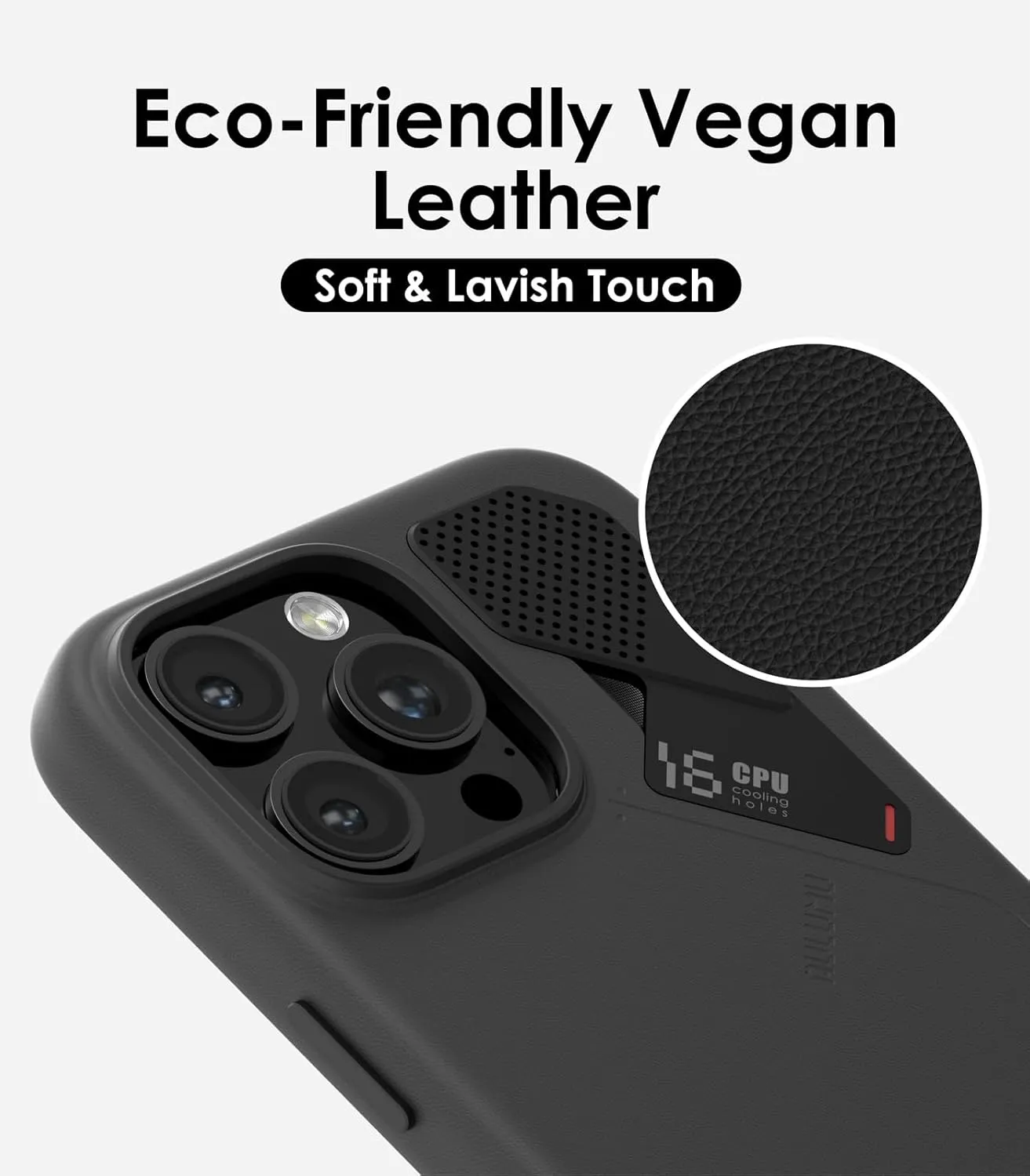 Aulumu A16 Vegan Leather Cooling for iPhone 16 Pro Max Case | Updated Camera Control | with Cooling Fins | Luxury Comfort | Compatible with MagSafe | Complete Wrap-Around - Touch Black