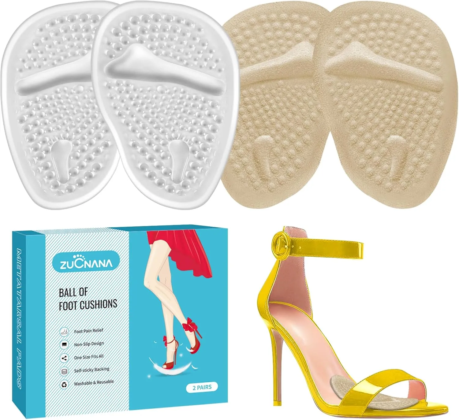 Ball of Foot Cushions, Metatarsal Pads Women (2 Pairs), Non-Slip Heel Inserts for Women, Gel Heel Cushions for Foot Pain Relief and Comfort | One Size Fits Any (Beige & Clear)
