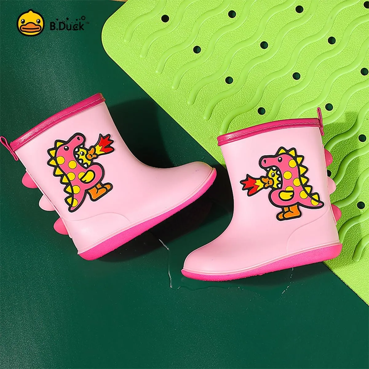 B.Duck Kids Rubber Rain Boots Toddler Shoes Cute Cartoon Dinosaur Waterproof Boots for Boys Girls