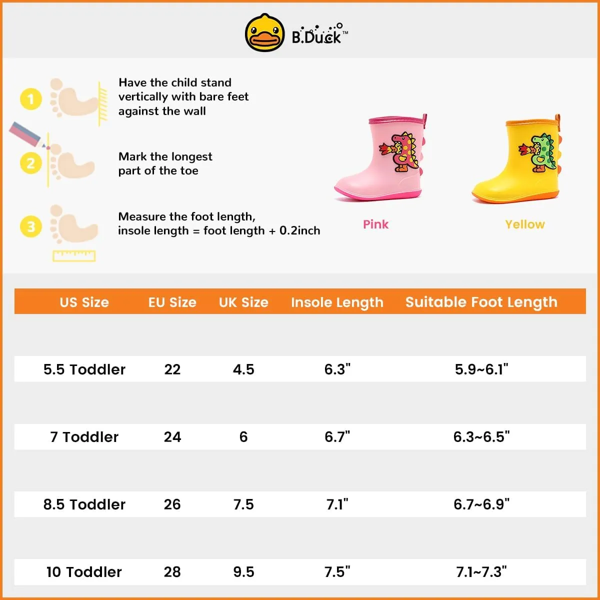 B.Duck Kids Rubber Rain Boots Toddler Shoes Cute Cartoon Dinosaur Waterproof Boots for Boys Girls