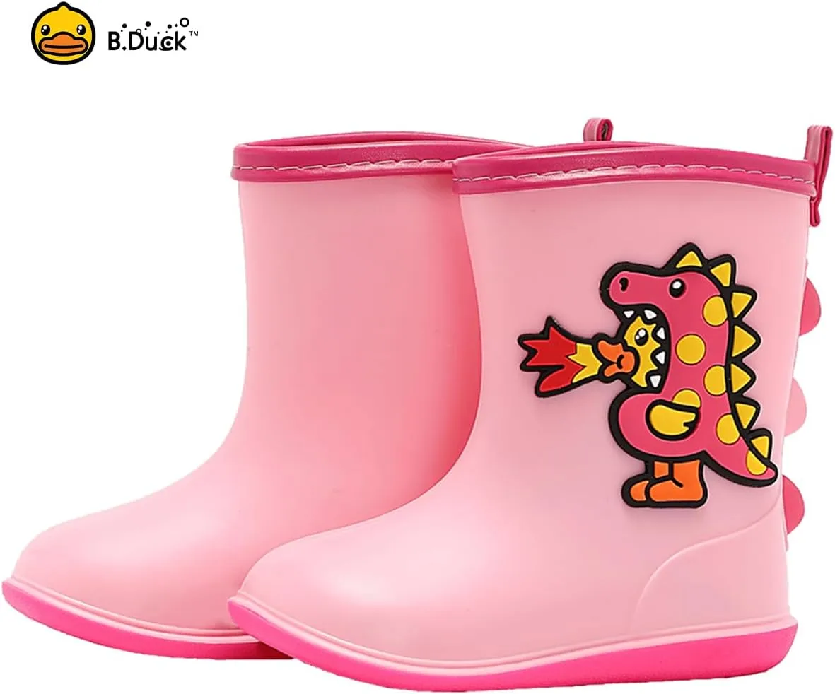 B.Duck Kids Rubber Rain Boots Toddler Shoes Cute Cartoon Dinosaur Waterproof Boots for Boys Girls
