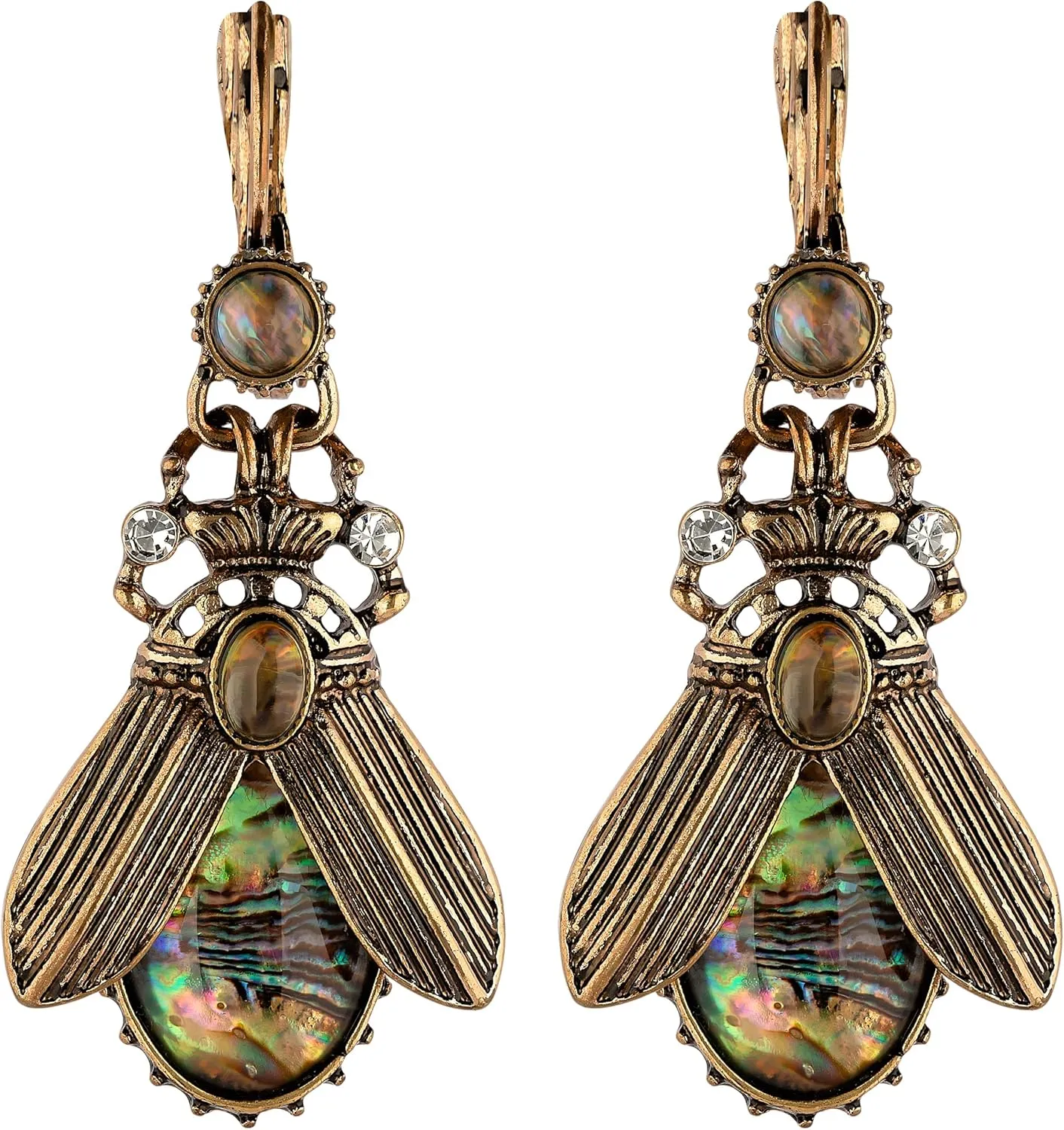 Beetle Earrings With Abalone Stones, Vintage Inspired Art Deco Egyptian Revival Style Dangle Earrings, Antique Gold Plated, Boho Style Unique Jewelry For Women