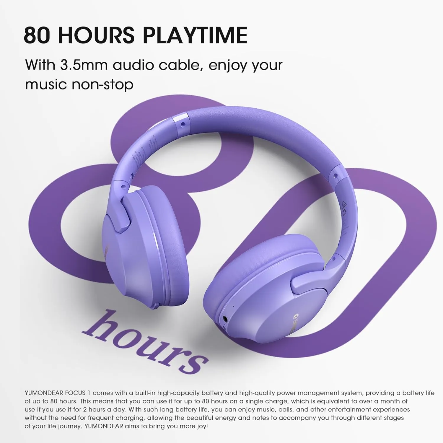 Bluetooth Headphones Over Ear, 80H Playtime Wireless Headphone with 3 EQ Modes, Built-in Mic, Deep Bass, HiFi Stereo Foldable Wireless Headset for iPhone PC Travel Workout Office (Purple)