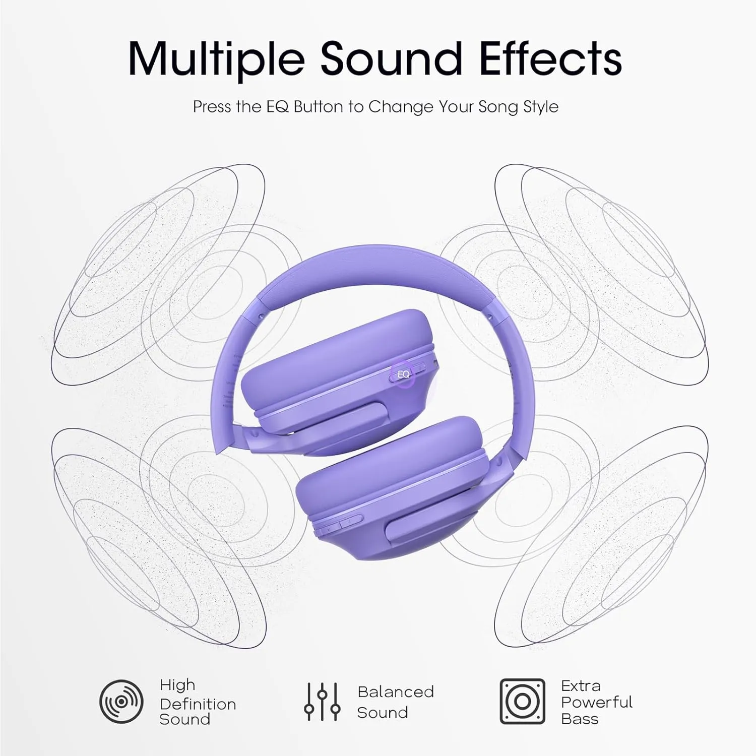 Bluetooth Headphones Over Ear, 80H Playtime Wireless Headphone with 3 EQ Modes, Built-in Mic, Deep Bass, HiFi Stereo Foldable Wireless Headset for iPhone PC Travel Workout Office (Purple)