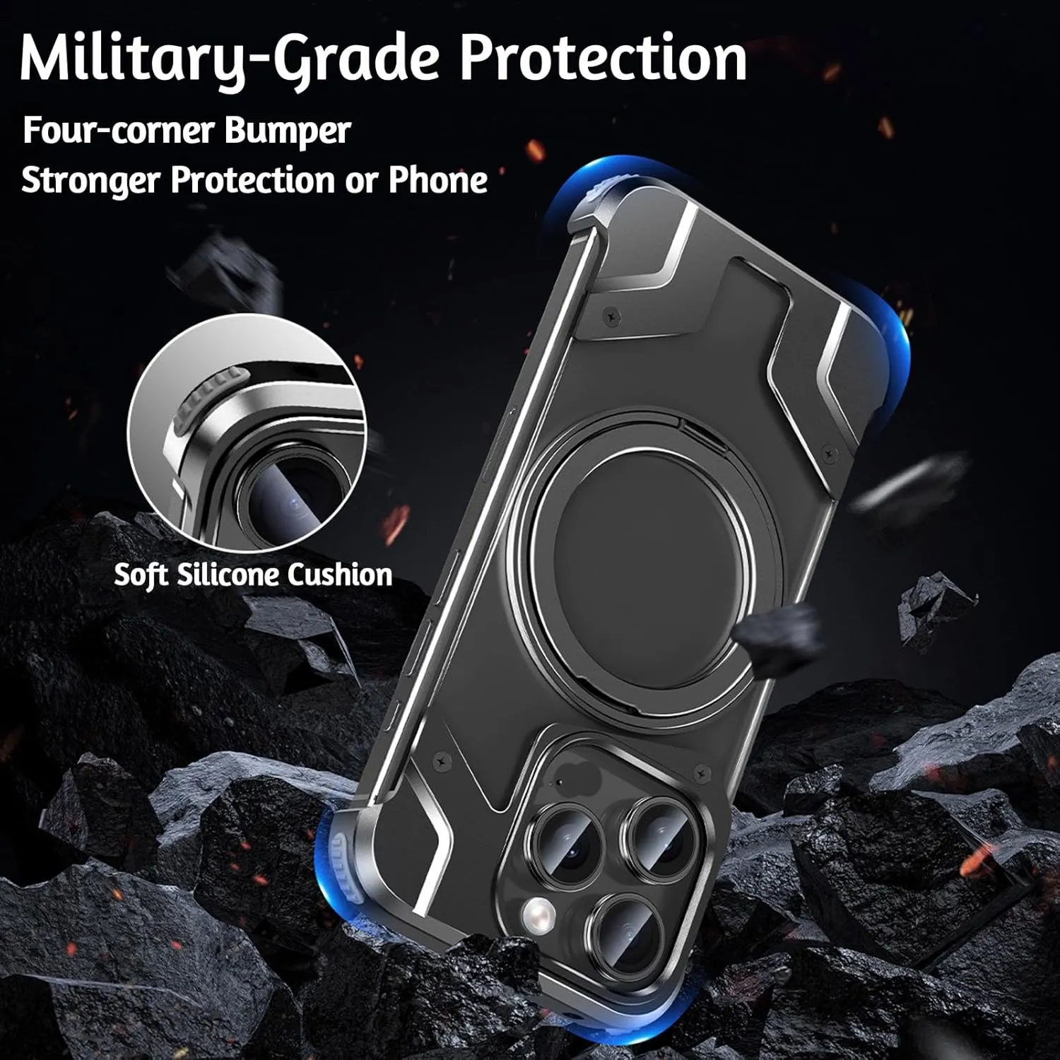 Case for iPhone 13 Pro Max/13 Pro/13, Ultra-Slim Frameless Metal Case with 360 Rotating Stand, Compatible with MagSafe, Slim, Shockproof