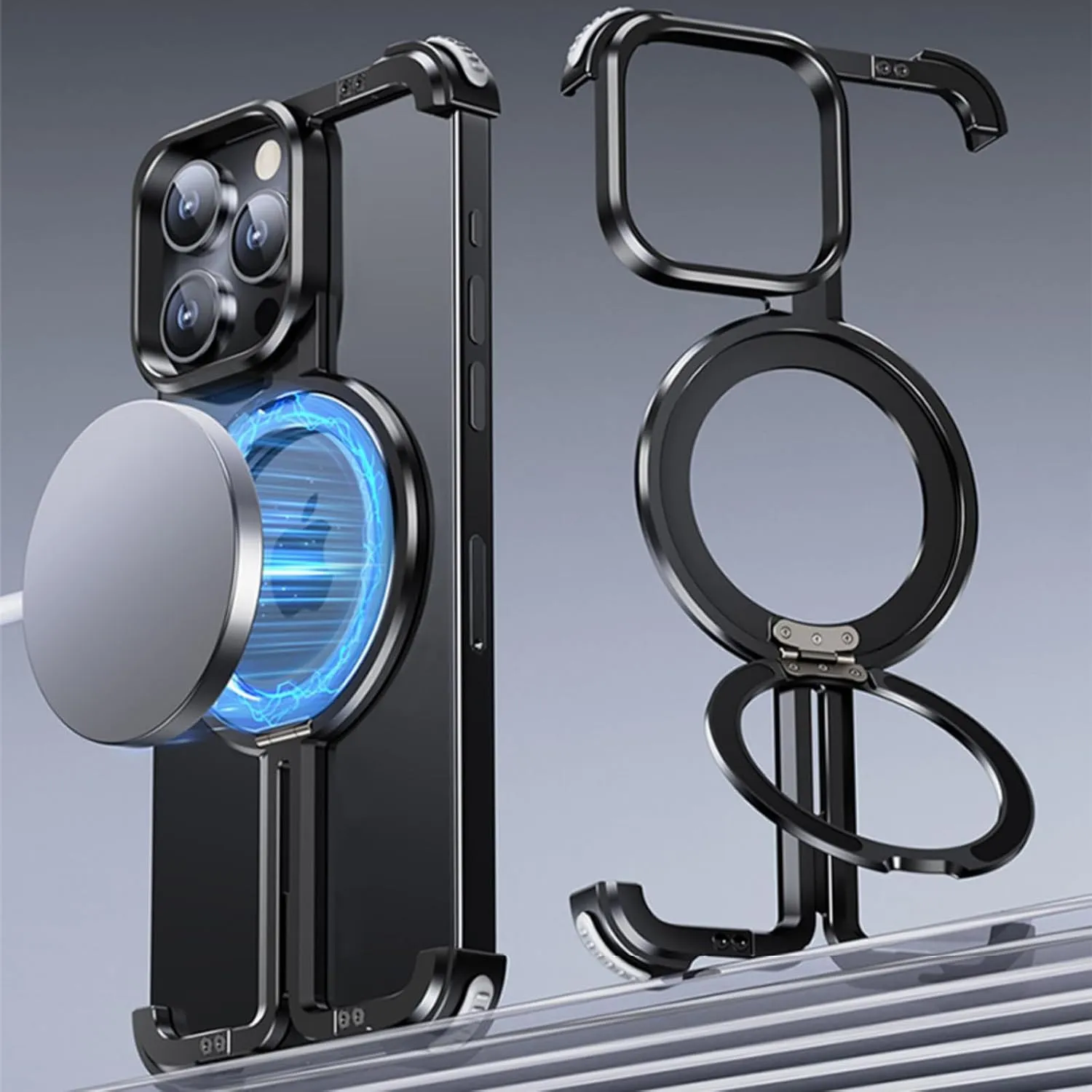 Case for iPhone 13/13 Pro/13 Pro Max, Metal Frameless Design with Magnetic Stand [Compatible with MagSafe] with Invisible Airbag Corner Protection