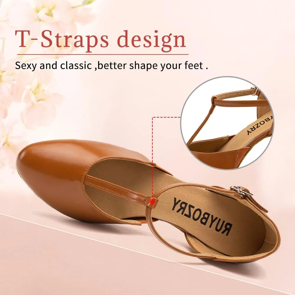 Character Shoes for Women T-Strap Closed Toe Latin Salsa Tango Standard Ballroom Dance Shoes,Model D29-Suede Sole-2.33Heel