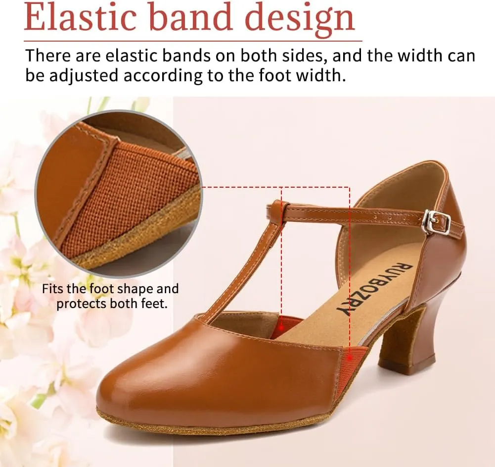 Character Shoes for Women T-Strap Closed Toe Latin Salsa Tango Standard Ballroom Dance Shoes,Model D29-Suede Sole-2.33Heel