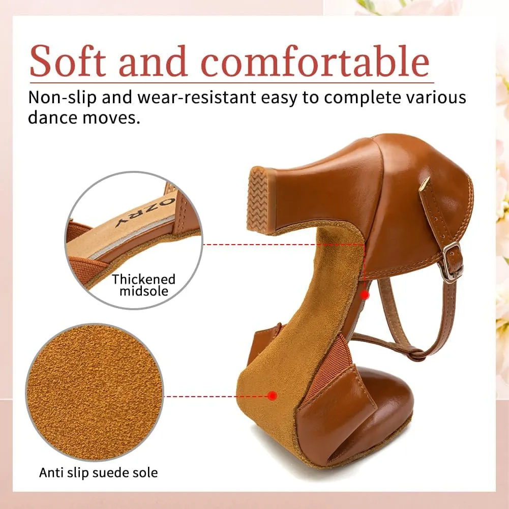 Character Shoes for Women T-Strap Closed Toe Latin Salsa Tango Standard Ballroom Dance Shoes,Model D29-Suede Sole-2.33Heel