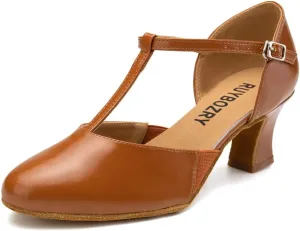 Character Shoes for Women T-Strap Closed Toe Latin Salsa Tango Standard Ballroom Dance Shoes,Model D29-Suede Sole-2.33Heel