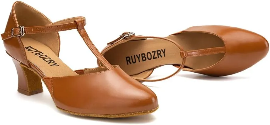 Character Shoes for Women T-Strap Closed Toe Latin Salsa Tango Standard Ballroom Dance Shoes,Model D29-Suede Sole-2.33Heel
