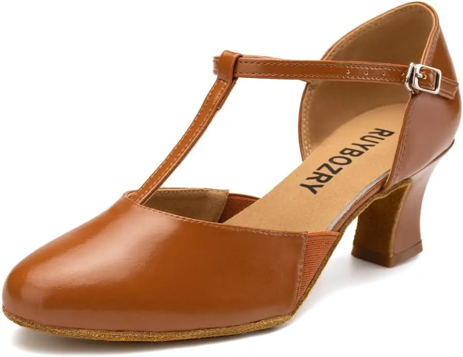 Character Shoes for Women T-Strap Closed Toe Latin Salsa Tango Standard Ballroom Dance Shoes,Model D29-Suede Sole-2.33Heel