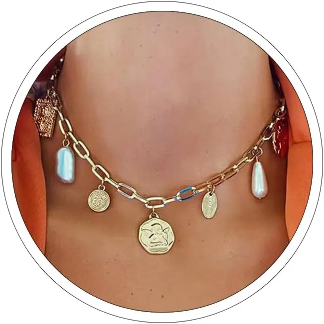Charm Necklace for Women Gold Charm Necklace Gold Paperclip Chain Necklace for Women Boho Beach Necklaces Cute Shell Starfish Charm Puka Beach Necklace Summer Beachy Jewelry