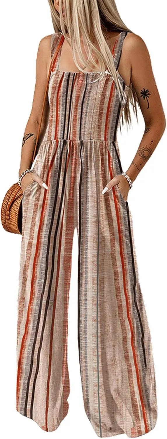 CHARTOU Women Baggy Striped Overalls Jumpsuit One Piece Sleeveless Wide Leg Long Pants Rompers with Pockets