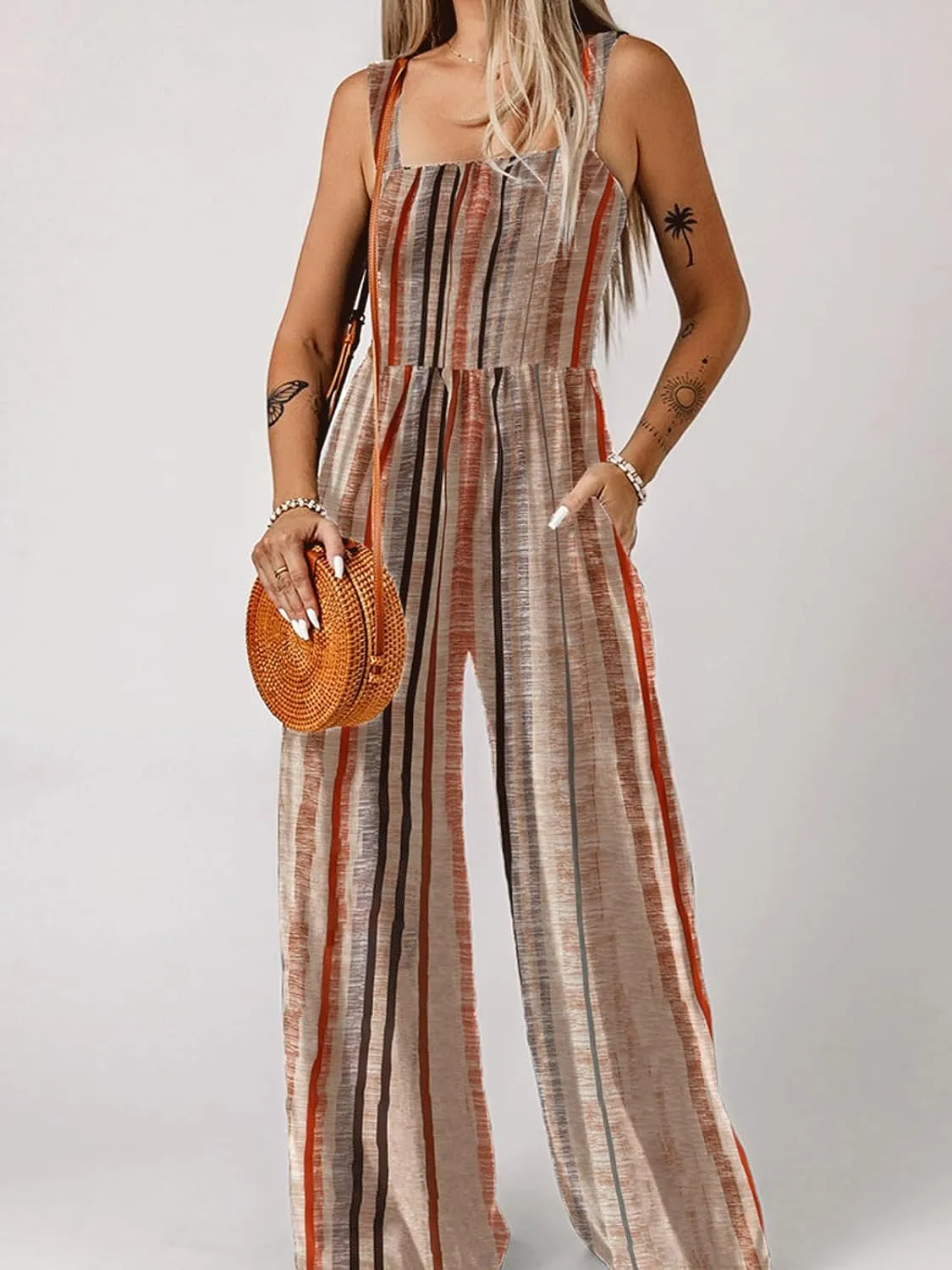 CHARTOU Women Baggy Striped Overalls Jumpsuit One Piece Sleeveless Wide Leg Long Pants Rompers with Pockets
