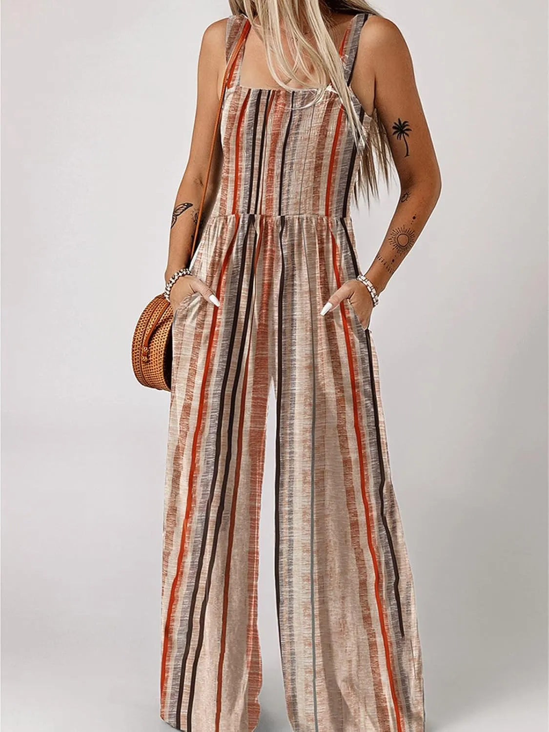 CHARTOU Women Baggy Striped Overalls Jumpsuit One Piece Sleeveless Wide Leg Long Pants Rompers with Pockets